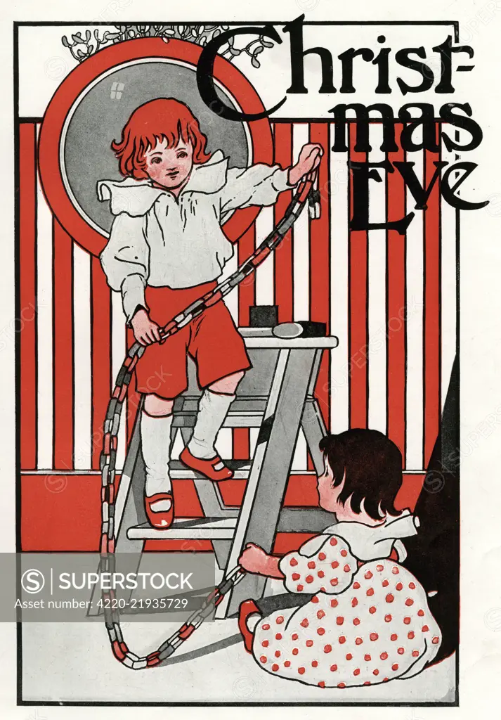 The Child's Christmas by Charles Robinson, with text by Evelyn Sharp. Printed by Blackie and Son Limited. Illustration showing two children hanging up decorations on Christmas Eve.   Date: 1906