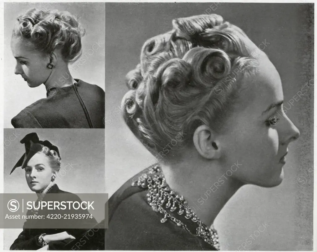 Women's hairstyles to fit their hats for 1938. This was the newest style &quot;up-hair', with upward movement effect with sculptured curls instead of an uncompromising swoop.     Date: 1938