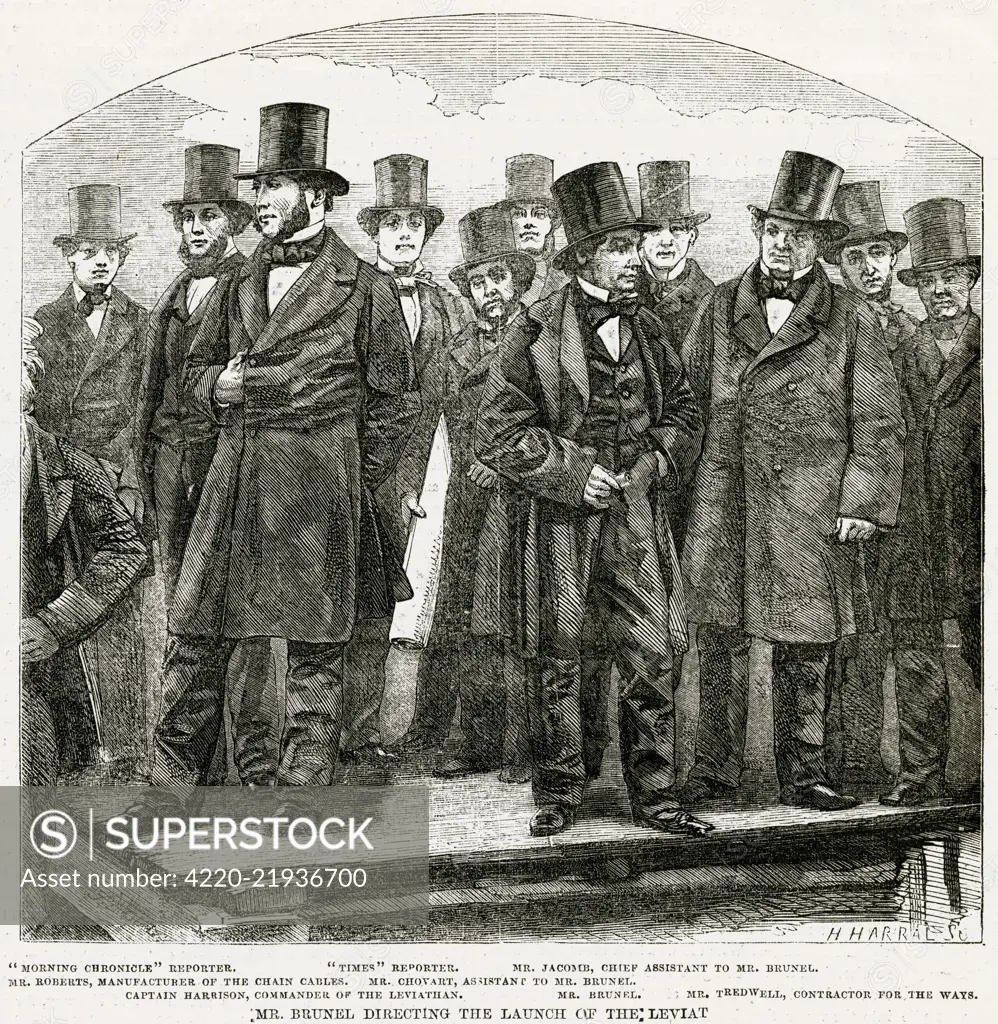 Isambard Kingdom Brunel  (1806 -1859), English mechanical and civil engineer. At the attempt of the first launch of the 'SS Great Eastern', with Scott Russell and Henry Wakefield on his right, Lord Derby on his left      Date: November 1857