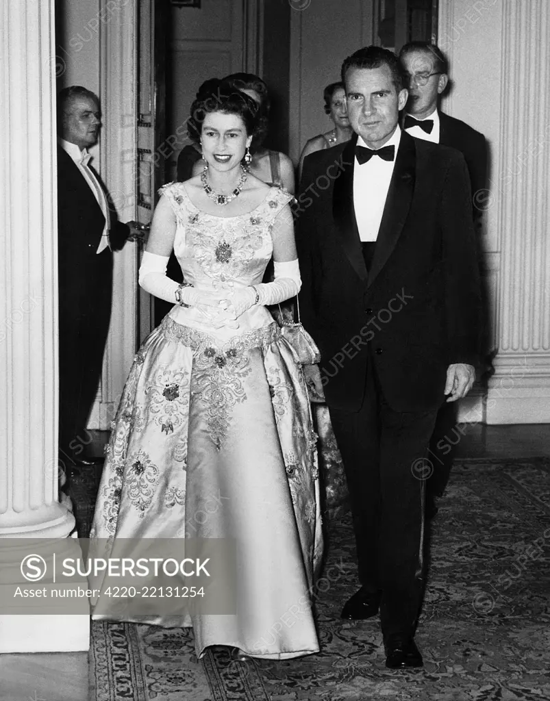 Queen Elizabeth II &amp; Richard Nixon, American Vice-President, on the occasion of a Thanksgiving dinner at the US Embassy residence in London.  27 November 1958