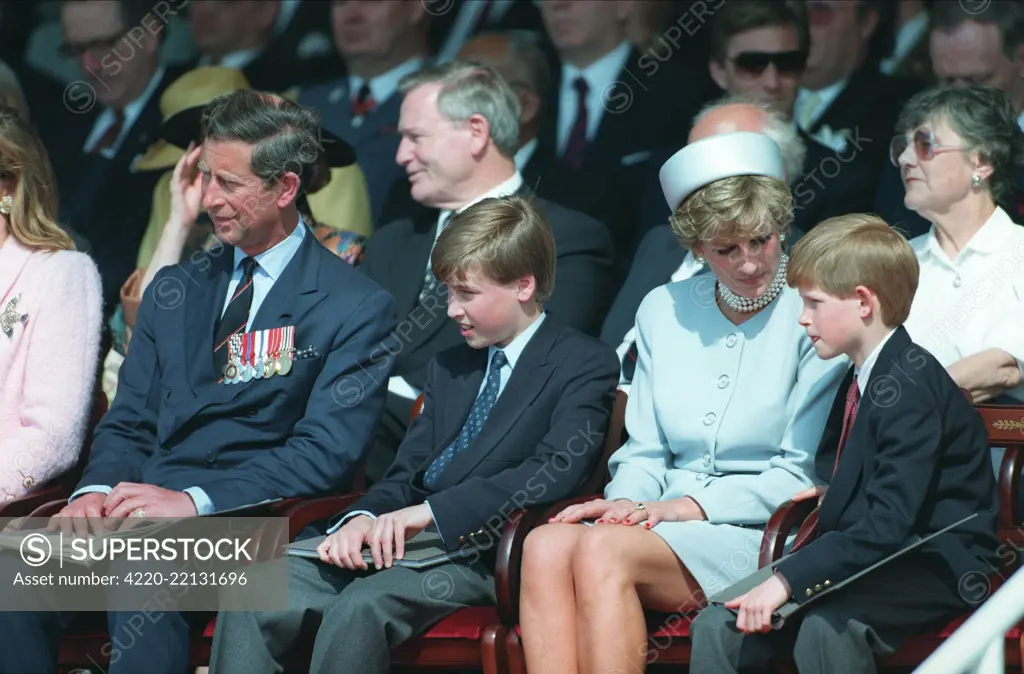Prince Charles, Princess Diana, William and Harry attending the VE Day celebrations in Hyde Park, London.  10 May 1995
