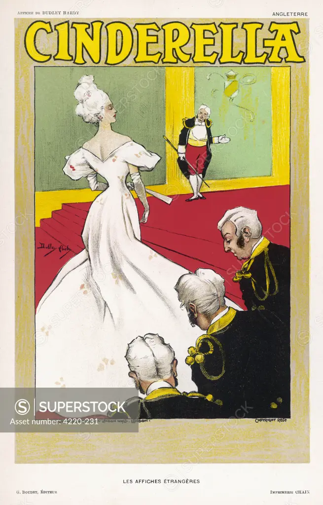 Cinderella arrives at the ball, the footmen bow deferentially, the major-domo waves her in       Date: circa 1896