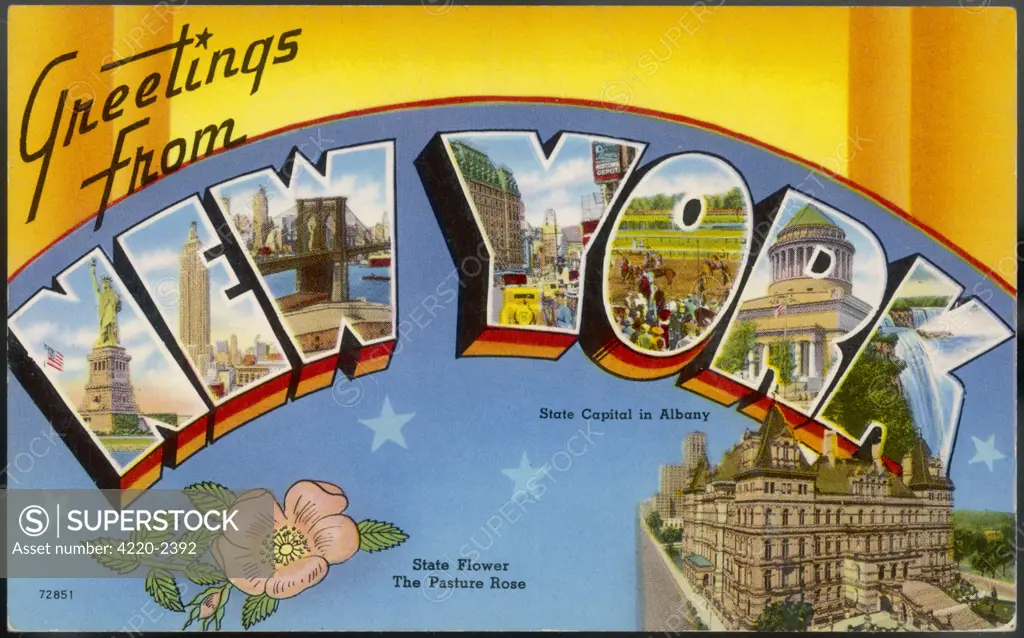 New York:greetings card showing a range of views Date: 1930s