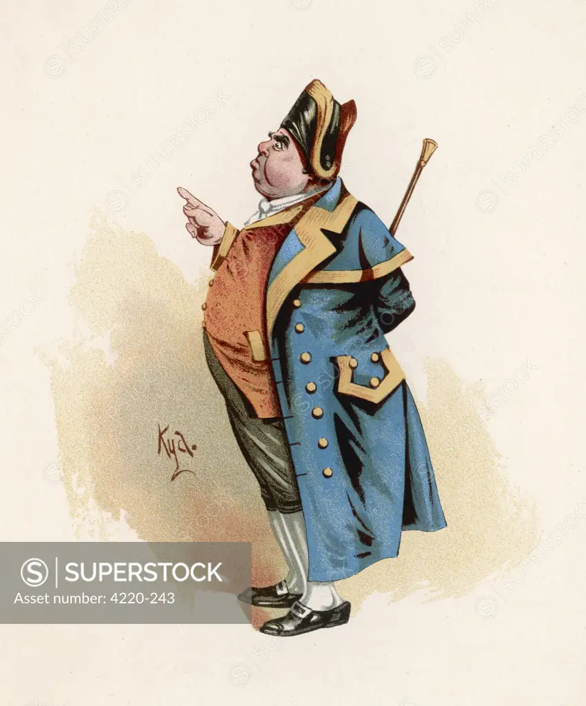 Mr Bumble, the beadle who sold  Oliver Twist to the  undertaker.        Date: First published: 1836-37