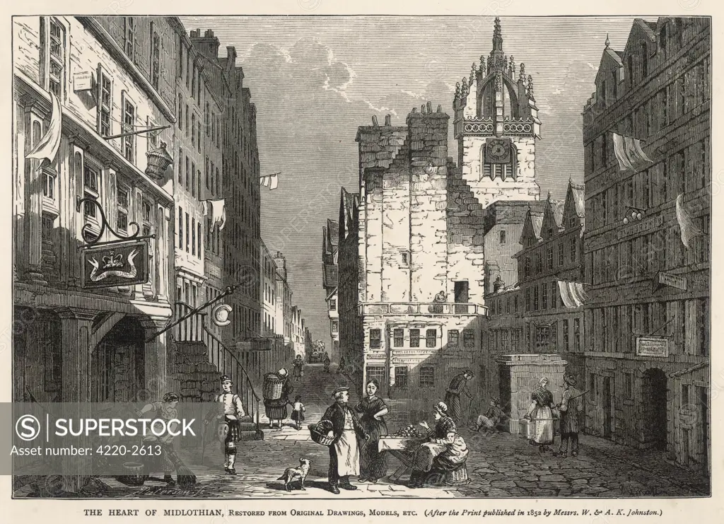 The 'heart of Midlothian' -the old Tolbooth or prison,from which Walter Scott tookthe name of his novelpublished in 1818Date: 1852