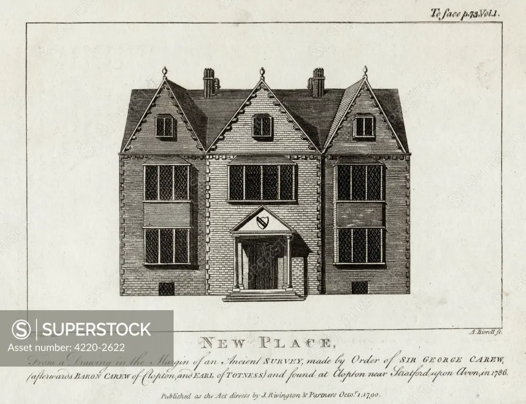 WILLIAM SHAKESPEAREHis home at New Place,Stratford-upon-Avon,from a drawing found in 1786 Date: October 1790