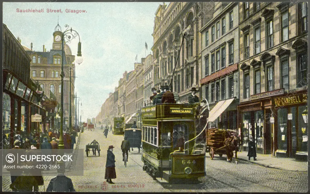 Sauchiehall Street - electric tram, horse-drawnwagonDate: circa 1907