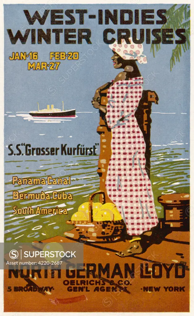 Poster for West India wintercruises aboard the 'GrosserKurfurst' of the North GermanLloyd - visiting the PanamaCanal, Bermuda, Cuba and SouthAmerica Date: 1912