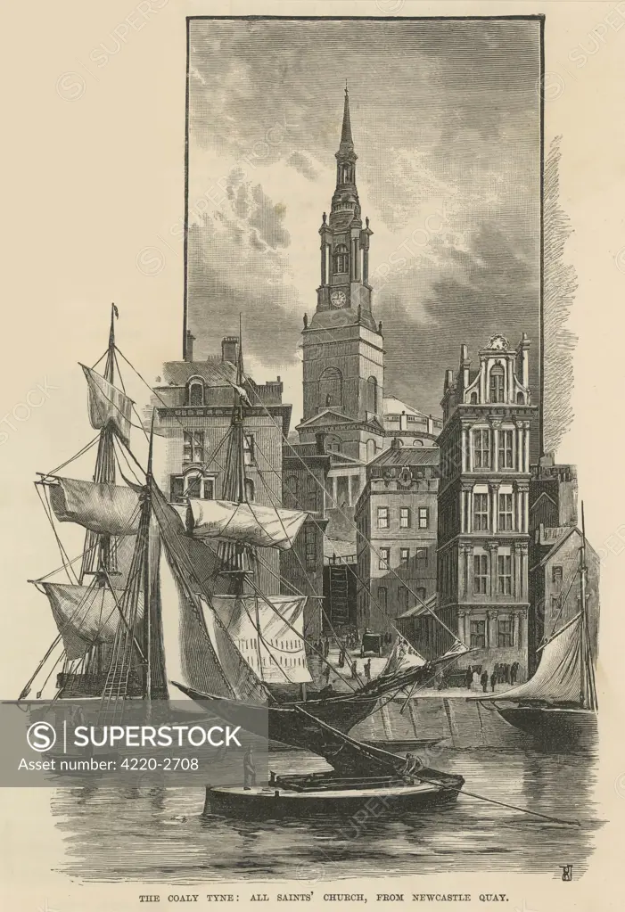 The Coaly Tyne'.All Saints' Church, as seenfrom Newcastle Quay. Date: mid 19th century