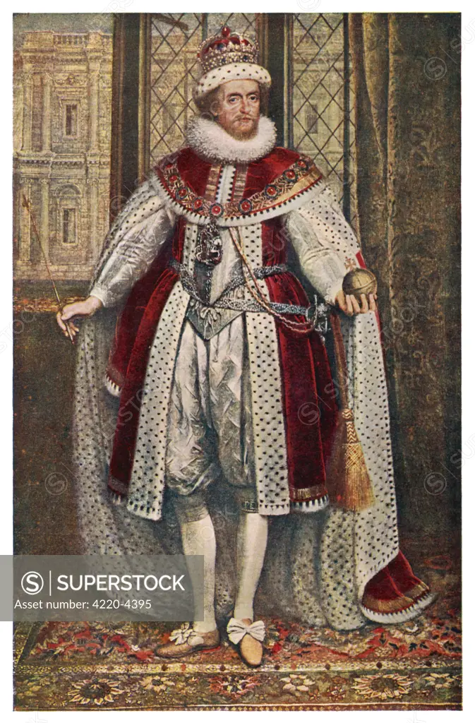 JAMES I of England James VI of Scotland  in state robes, holding orb  and sceptre