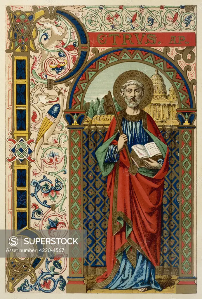 SAINT PETER the first Pope, depicted  holding the key of the  kingdom, the Vatican (though  not built till much later)