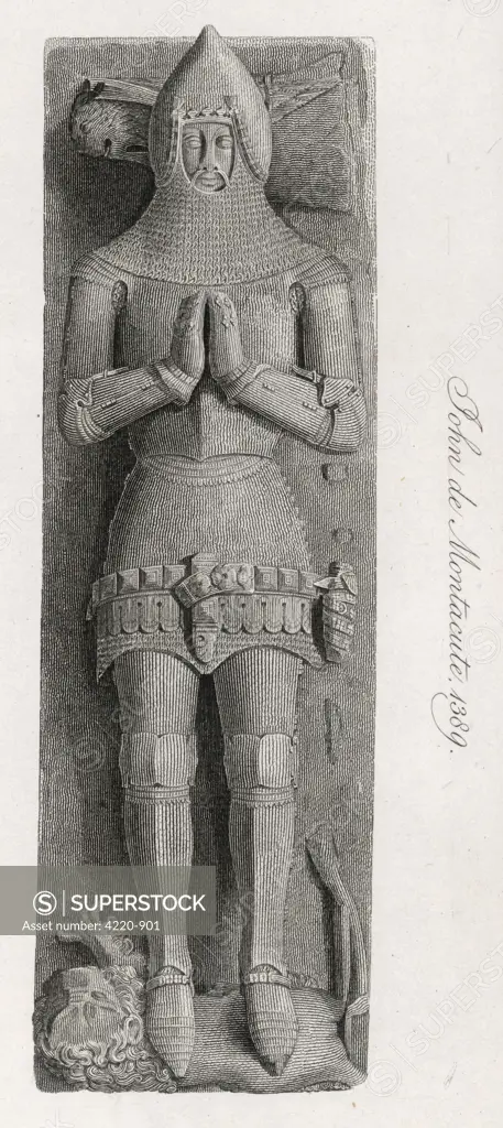 The effigy of John de  Montacute, depicted in full  armour : in Salisbury  Cathedral