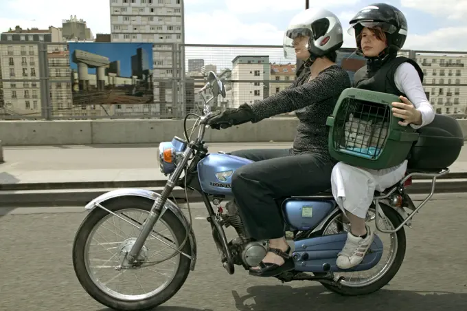 PEOPLE - on motorcycle, transporting Cat in box 