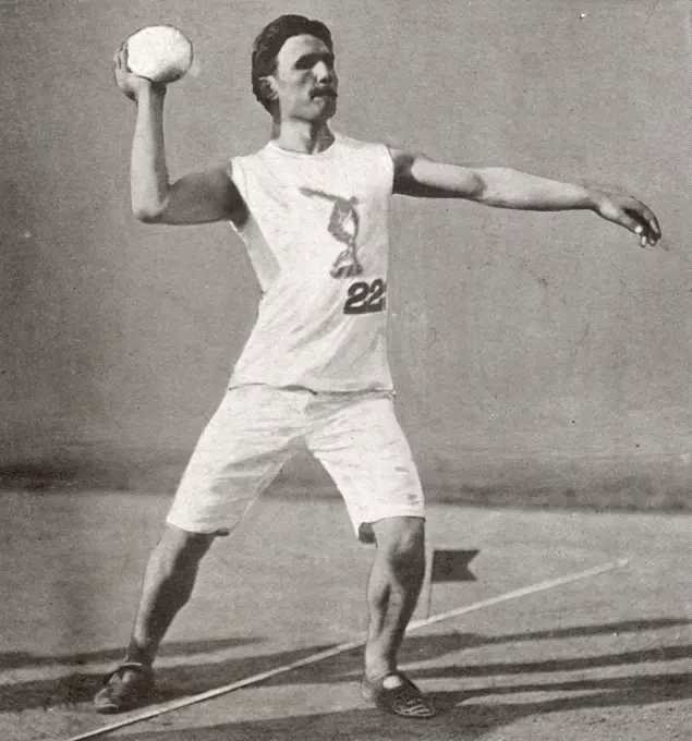 The Shot Put or 'Stone Putting' showing N. Georgantas of Greece, the winner with a throw of 19.92 1/2 metres at the 1906 Athens Summer Olympics.    The fourth modern Olympic games was staged as a celebration of the tenth anniversary of the resumption of the Games opening on May 22.     Though not official, they were very important for the Olympic movement after the failure of the 1900 and 1904 Olympics.     Date: 1906