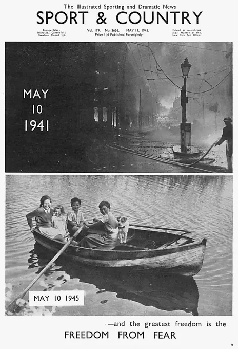 Front cover from 'Sport &amp; Country' showing the contrast between war time London and victory in 1945.     Date: 01/05/1945