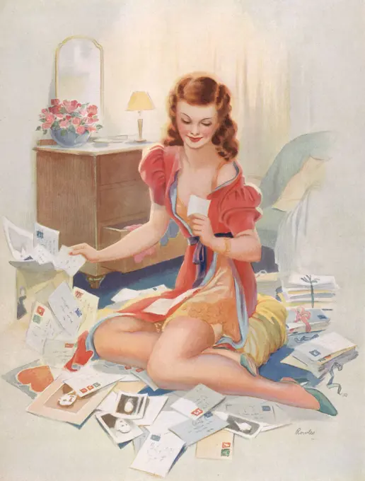 Colour illustration showing a lady reading through piles of love letters.