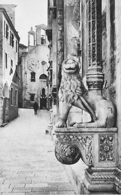 Croatia - Sibenik - a stone lion at the base of a column.      Date: circa 1920s