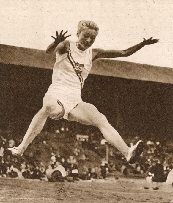 Hungarian athlete Gyarmati won the long jump event at the 1948 London Olympics.     Date: 1948