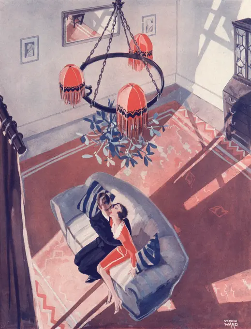 Illustration entitled 'One excuse as good as another' showing a couple lost in a kiss on a sofa in a living room under a bunch of mistletoe hanging from the light fitting.   Date: 1930