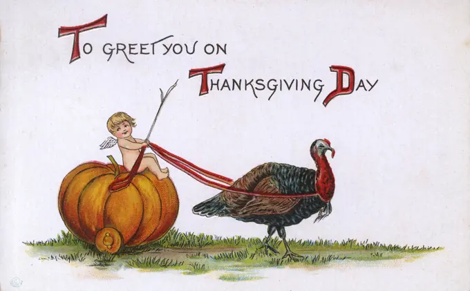 Slightly surreal (yet seasonally symbolic!) Thanksgiving Card from the USA depicting a Turkey pulling a cherub riding on a pumpkin wagon.     Date: circa 1910s