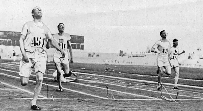 End of the 400 metres final at the 1924 Paris Olympics, showing Scot, Eric Liddell, crossing the finish line first.  Liddell was made famous in the film, Chariots of Fire.     Date: 1924