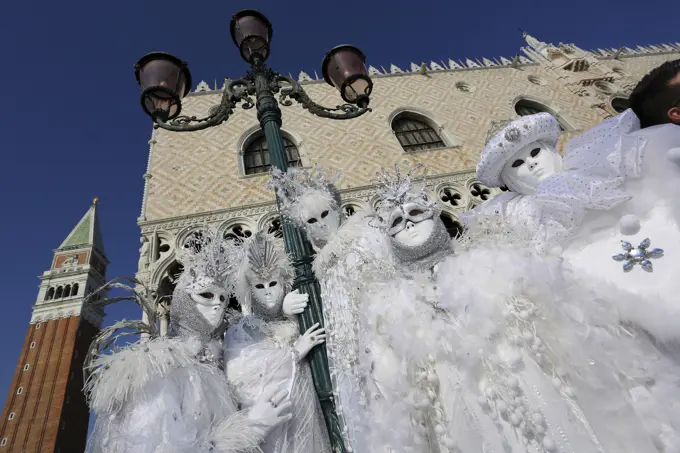 People wearing Venice Carnival Costumes, Venice, Italy     Date: 2013