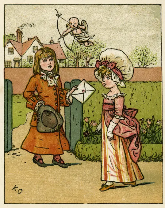 Illustration by Kate Greenaway, of a young man delivering a Valentine's card.     Date: 1879