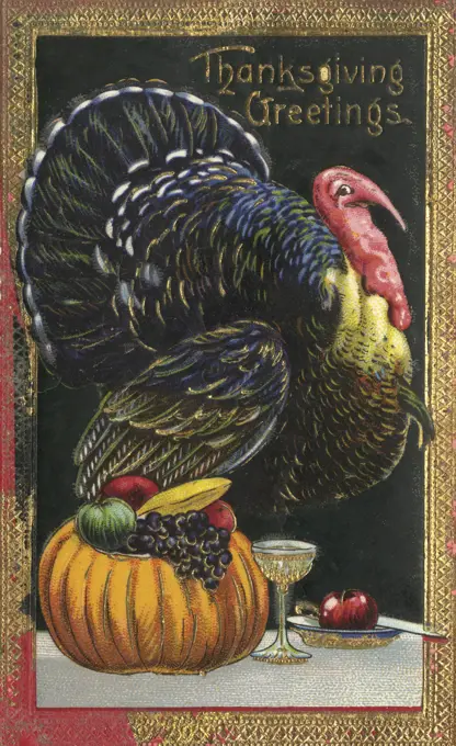 Turkey, pumpkin, food and drink - symbols of Thanksgiving (4th Thursday in November)    Date: circa 1910