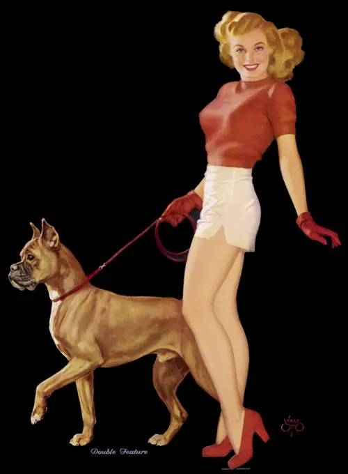  Girl in shorts with boxer.         Date: 1940s