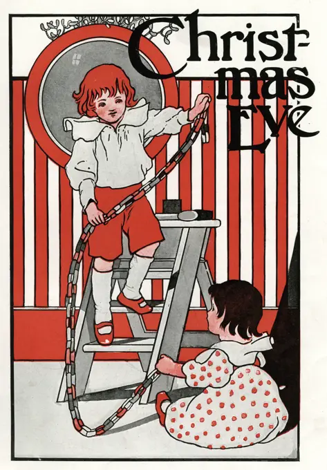 The Child's Christmas by Charles Robinson, with text by Evelyn Sharp. Printed by Blackie and Son Limited. Illustration showing two children hanging up decorations on Christmas Eve.   Date: 1906