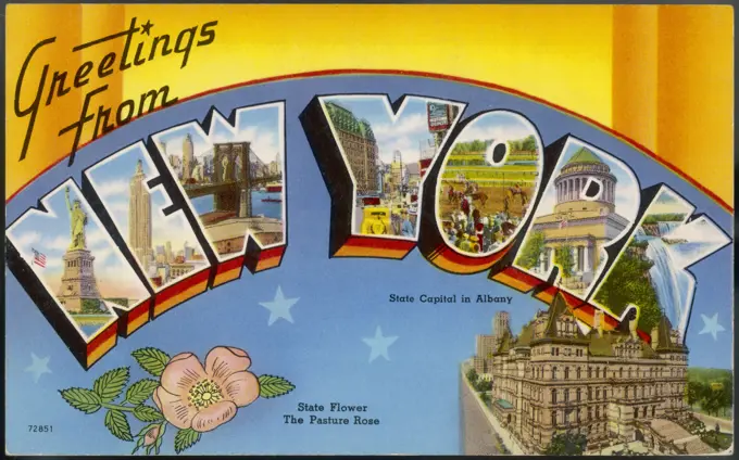 New York:greetings card showing a range of views Date: 1930s