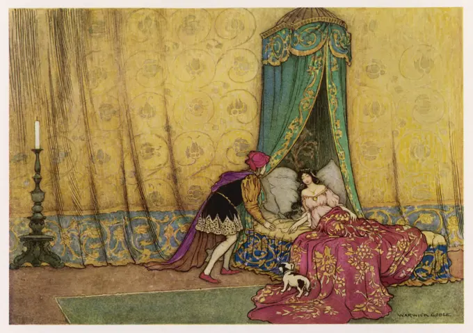 The princess is woken by the  Prince's kiss in Sleeping Beauty