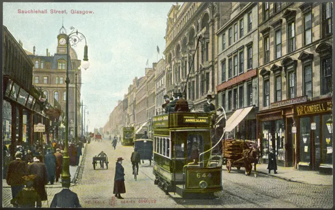 Sauchiehall Street - electric tram, horse-drawnwagonDate: circa 1907