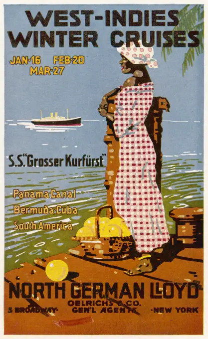 Poster for West India wintercruises aboard the 'GrosserKurfurst' of the North GermanLloyd - visiting the PanamaCanal, Bermuda, Cuba and SouthAmerica Date: 1912