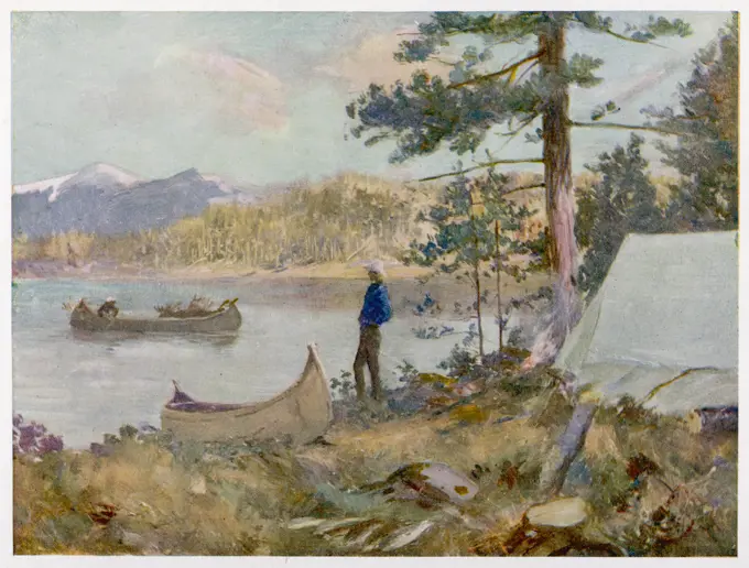 A Sportsman's Camp' Camping by a lake. Date: 1915