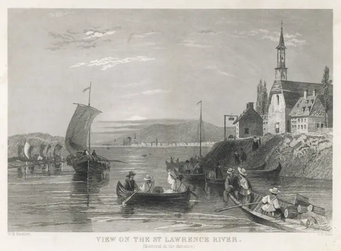 A scene on the St LawrenceRiver, Canada.Montreal canbe seen in the distance.Date: 1848