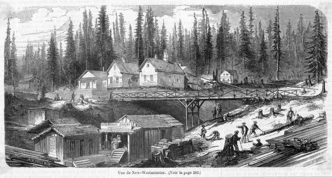 New Westminster, a developing town on the Frazer River,British Columbia.Date: 1861