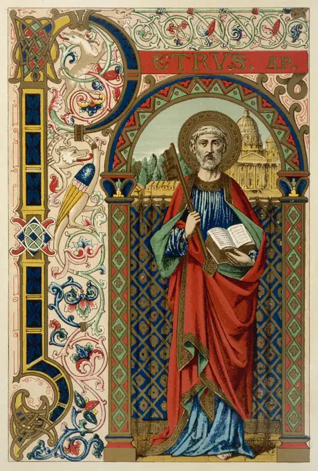 SAINT PETER the first Pope, depicted  holding the key of the  kingdom, the Vatican (though  not built till much later)