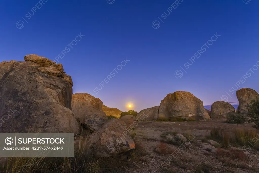 Full moonrise at City of Rocks State Park, New Mexico.