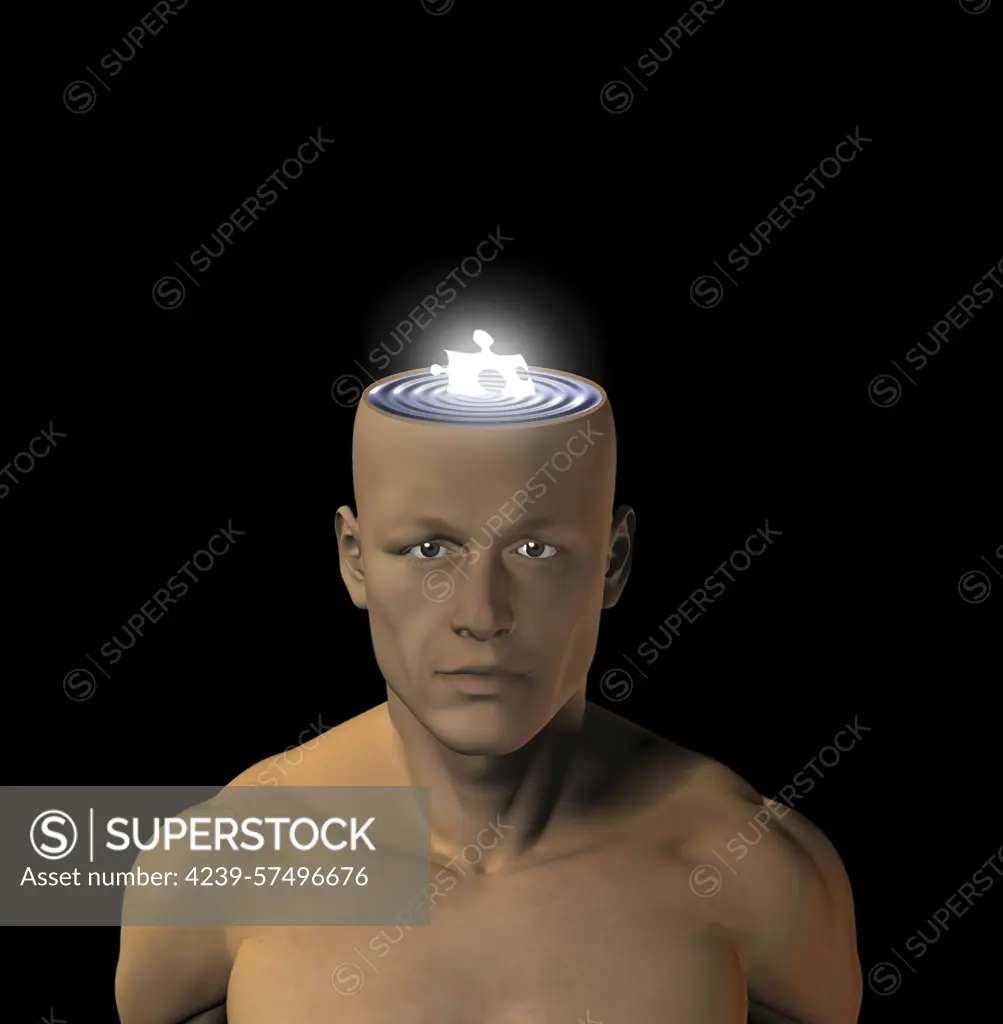 Surreal composition. Man with piece of puzzle in head