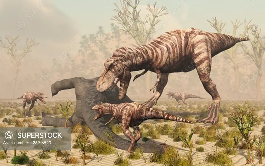 An adult female T. Rex with three of her young, feeding on the carcass of a dead sauropod dinosaur.