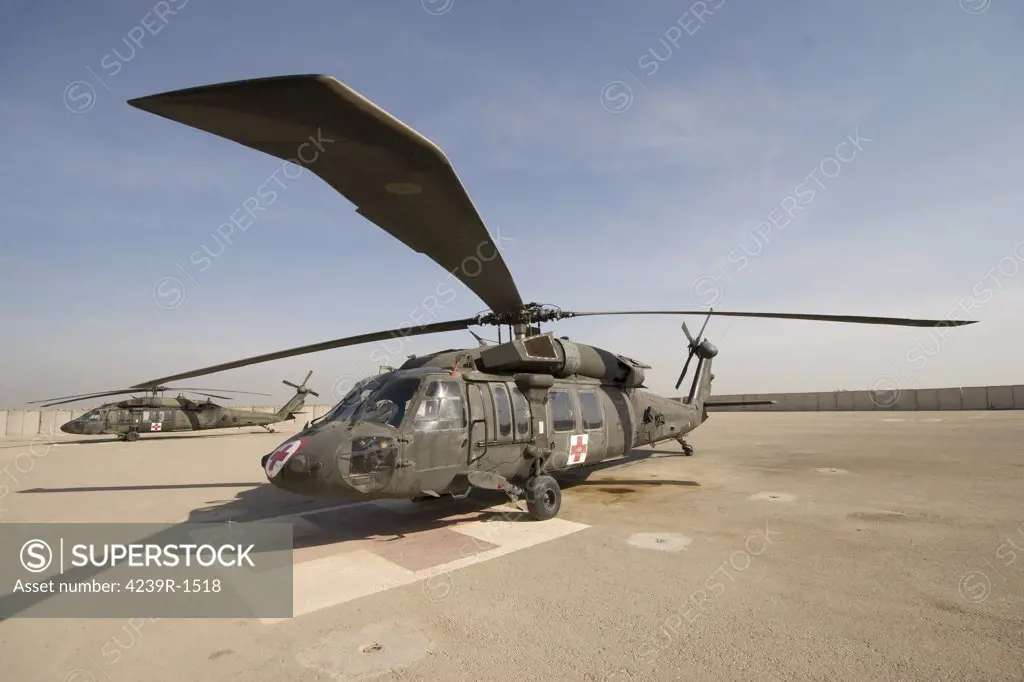 Baqubah, Iraq - A UH-60 Blackhawk Medivac helicopter sits on the flight deck at Camp Warhorse