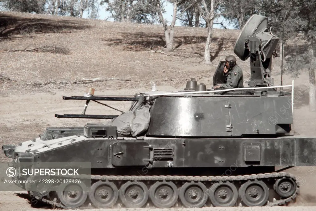 A defense weapons system with gun dish fire control radar and quad 40mm anti-aircraft guns mounted on an M109 chassis, is used to simulate a Soviet ZSU-23-4 during the Joint Attack Weapons System exercise.