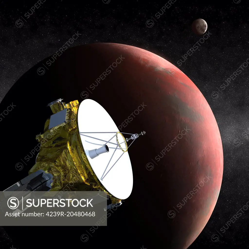 Artist's concept of the New Horizons spacecraft as it approaches Pluto and its largest moon, Charon, in July 2015. The craft's miniature cameras, radio science experiment, ultraviolet and infrared spectrometers and space plasma experiments will characterize the global geology and geomorphology of Pluto and Charon, map their surface compositions and temperatures, and examine Pluto's atmosphere in detail. The spacecraft's most prominent design feature is a nearly 7-foot (2.1-meter) dish antenna, t