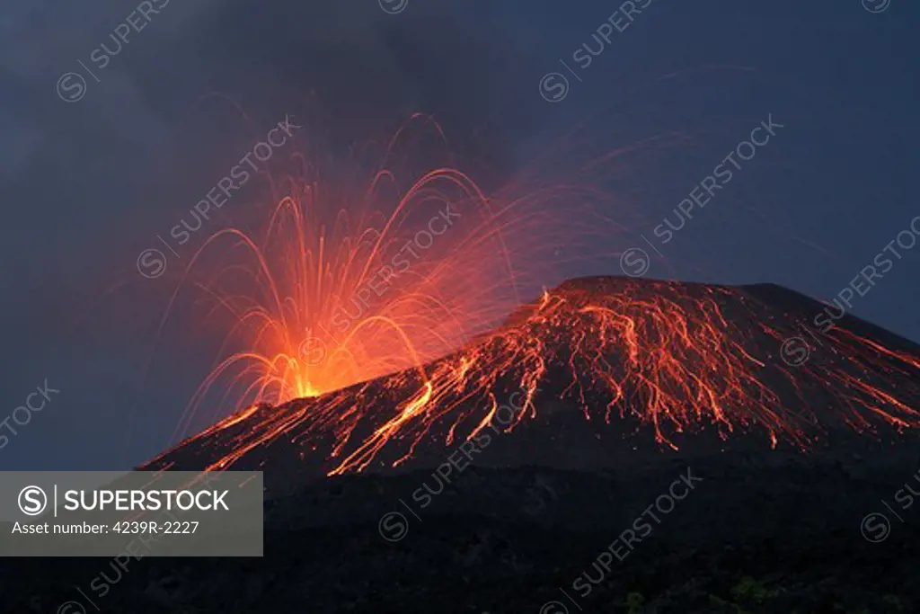 May 20, 2008 - Lava bomb trajectories visible during nighttime vulcanian eruption of Anak Krakatau volcano, Sunda Strait, Java, Indonesia.