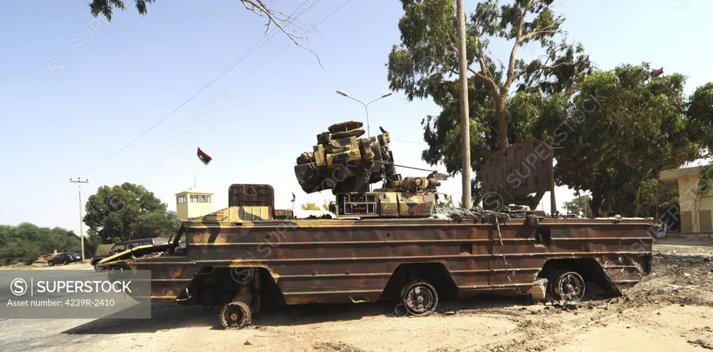 A surface-to-air missile air defense system destroyed by NATO on the outside of Benghazi, Libya.  A war betwean Gaddafi army and Libya's Transitional National Council army with air support from NATO started on March 17, 2011.