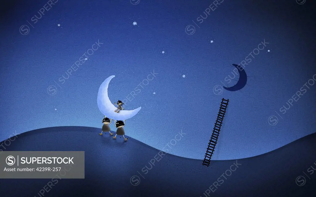 Illustration of cartoon characters stealing the moon