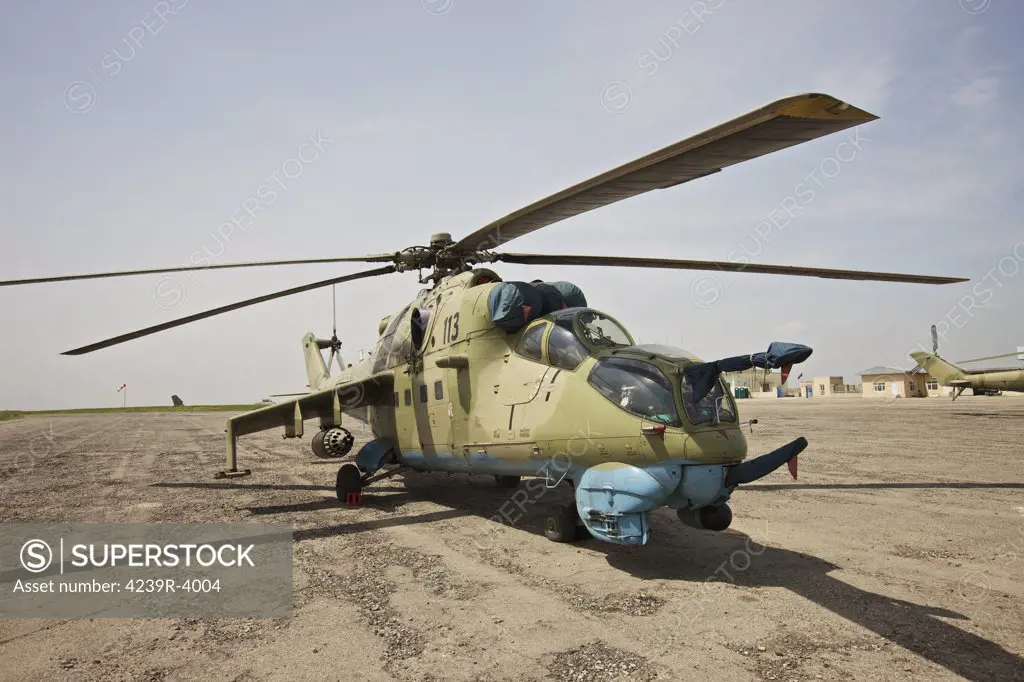 An Mi-35 attack helicopter operated by the Afghan National Army Air Corp at Kunduz Airfield, Northern Afghanistan.