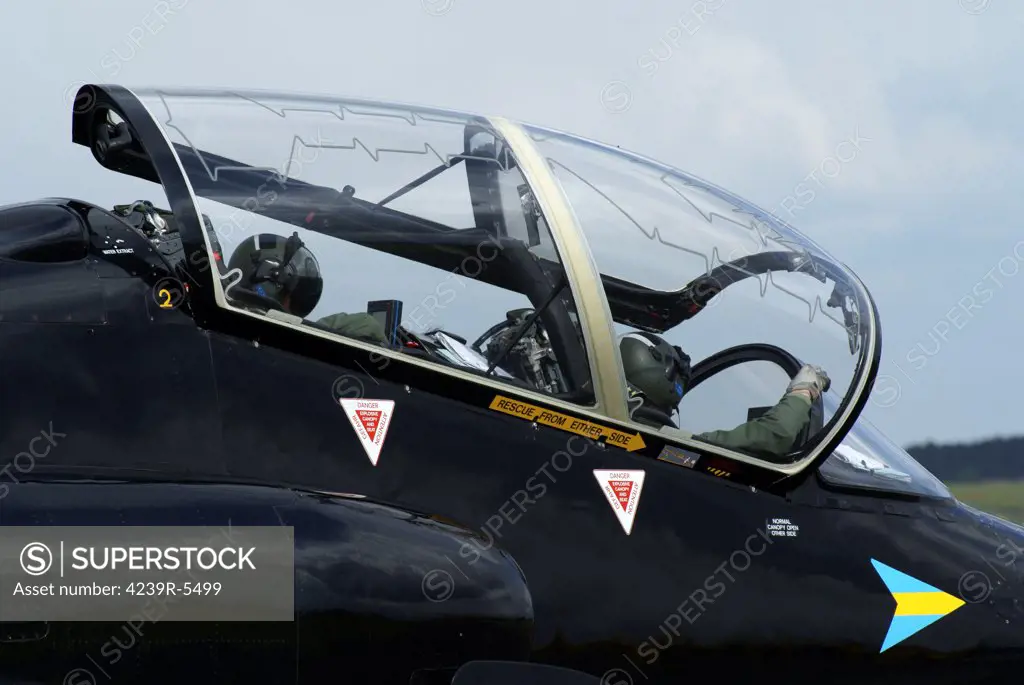 Pilots in the cockpit of a BAE Hawk T1 aircraft of the Royal Air Force, Niederrhein, Germany.