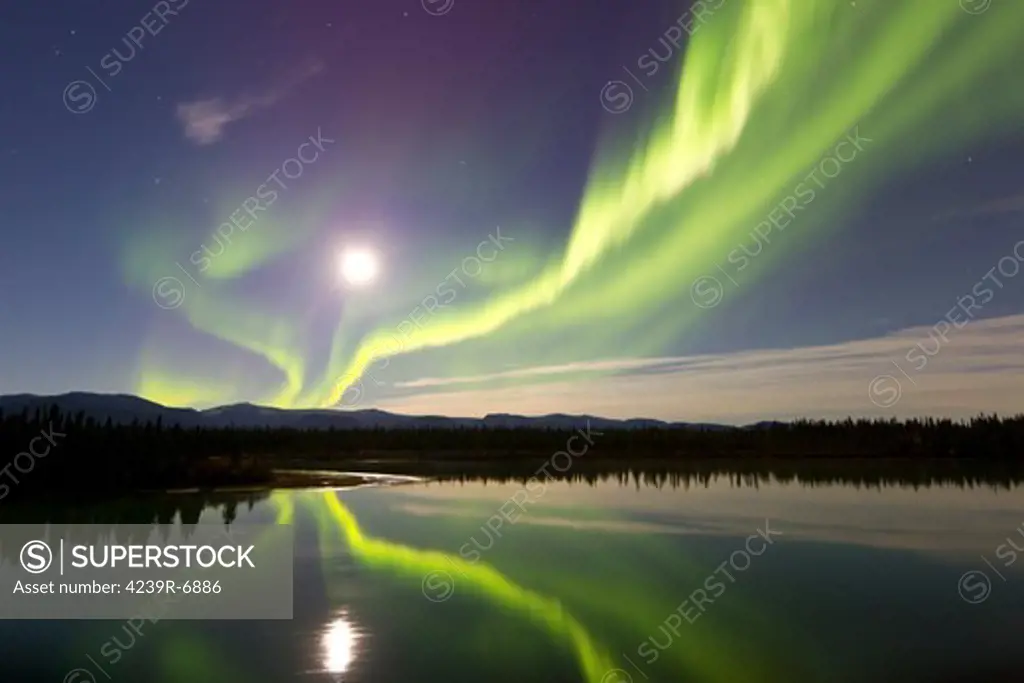 Aurora borealis and Full Moon over the Yukon River, Canada. - Album  alb5565765